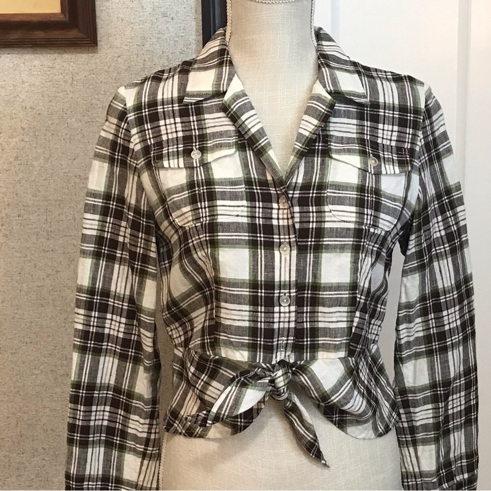 Jones New York Brown Green Plaid Linen Button Roll Tab Sleeves Shirt Size P/P